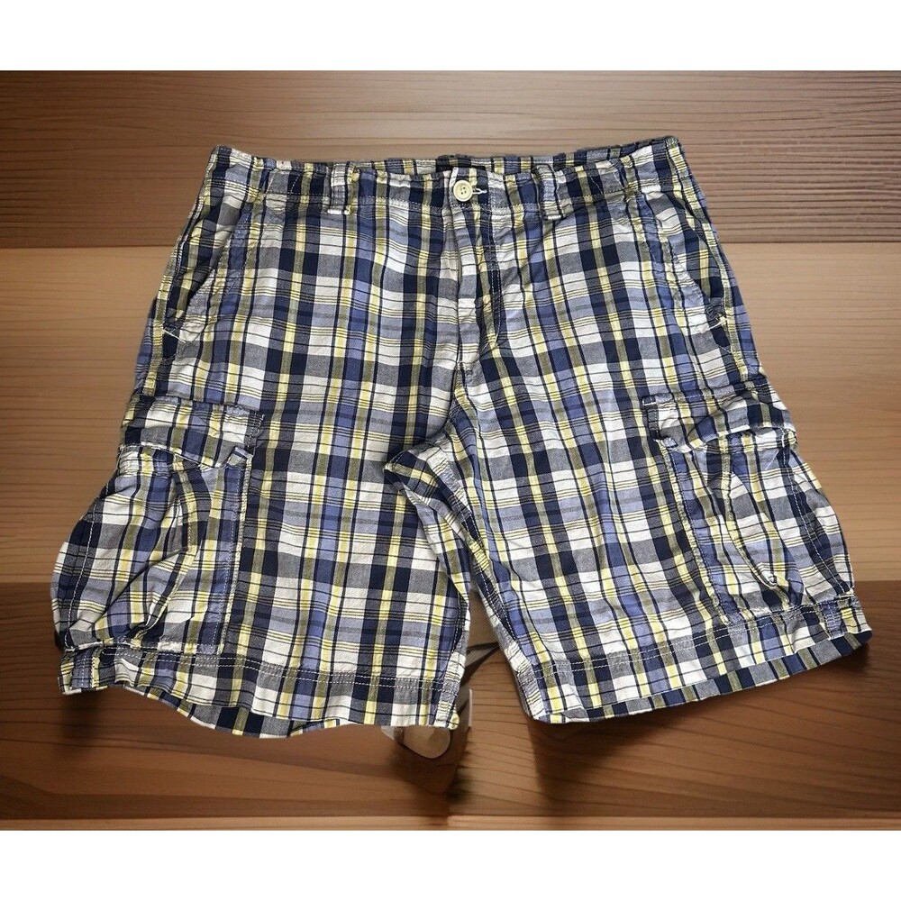 Polo Ralph Lauren Shorts Men 36 Blue Yellow Plaid Cargo Cotton Y2K Baggy Skater